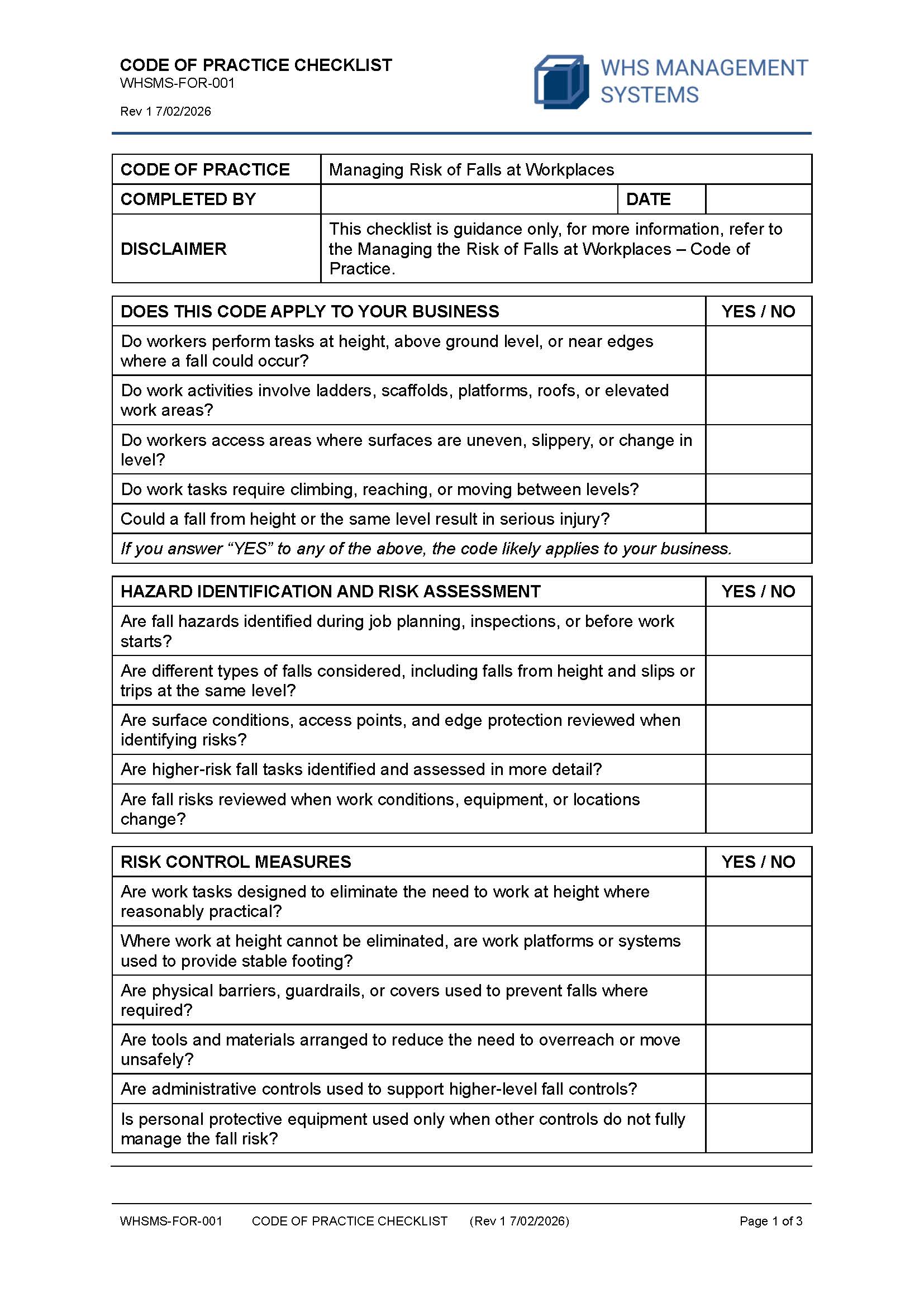 Managing Risk of Falls at Workplaces – Code of Practice Checklist