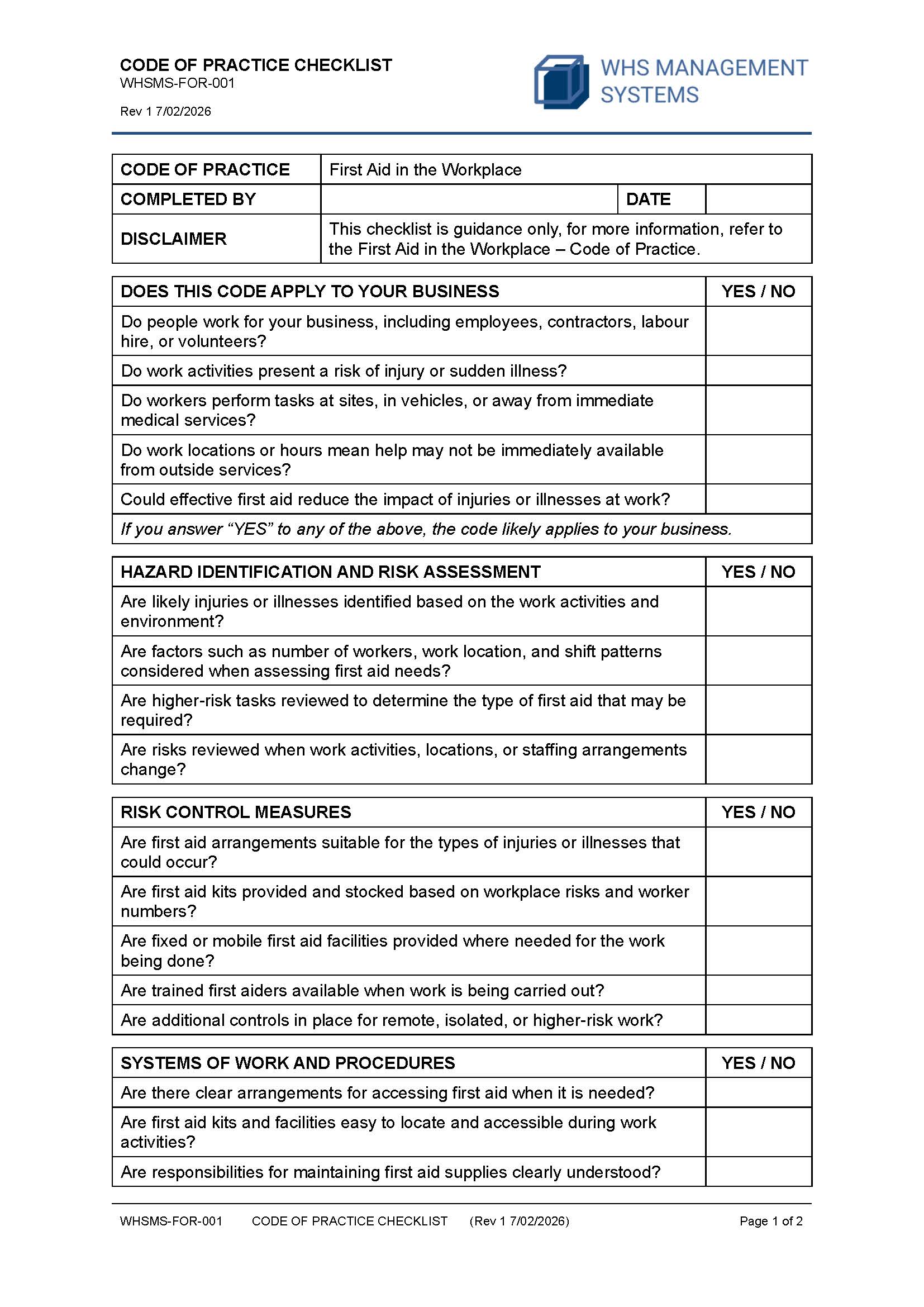 First Aid in Workplace – Code of Practice Checklist