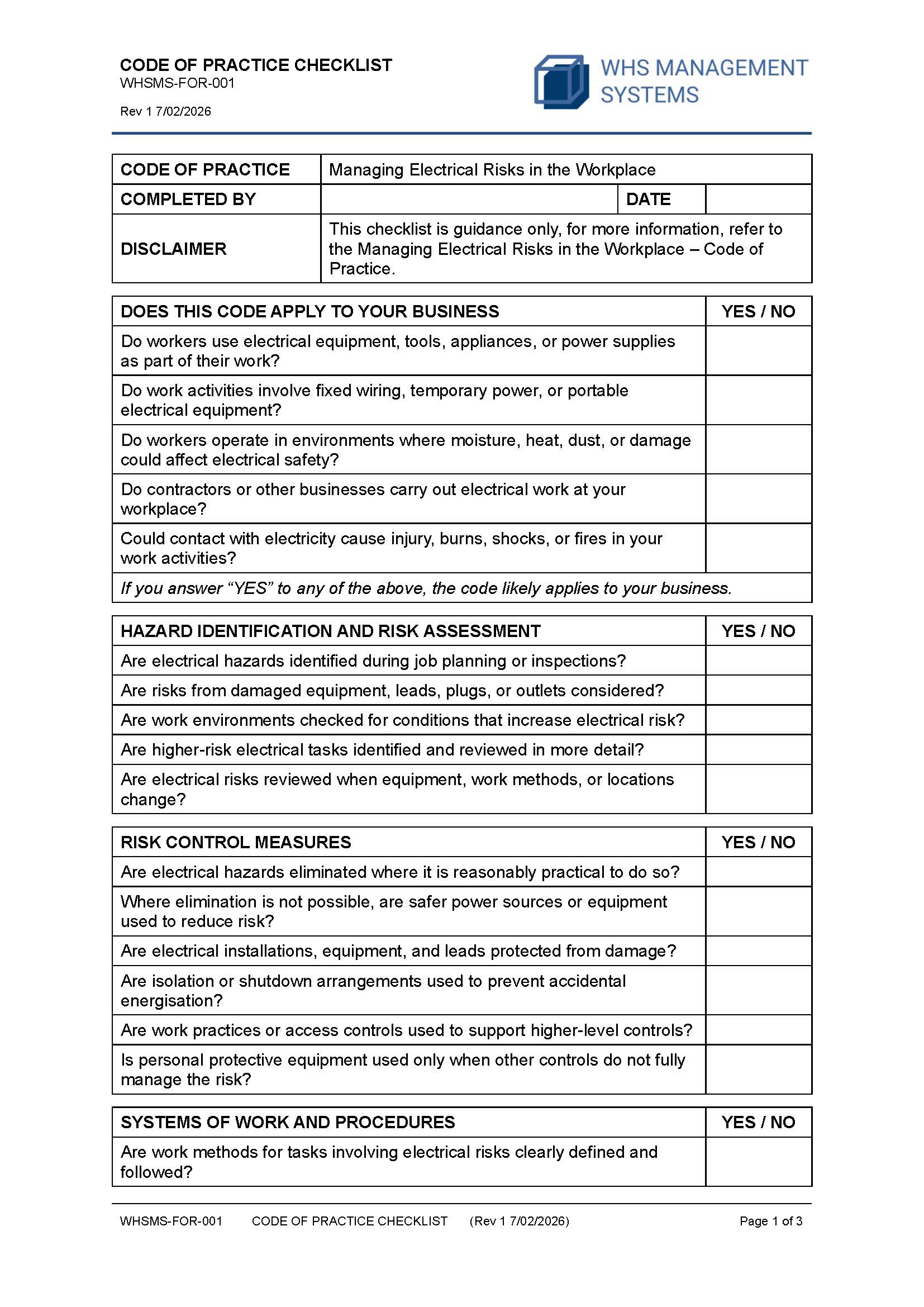 Managing Electrical Risks in Workplace – Code of Practice Checklist