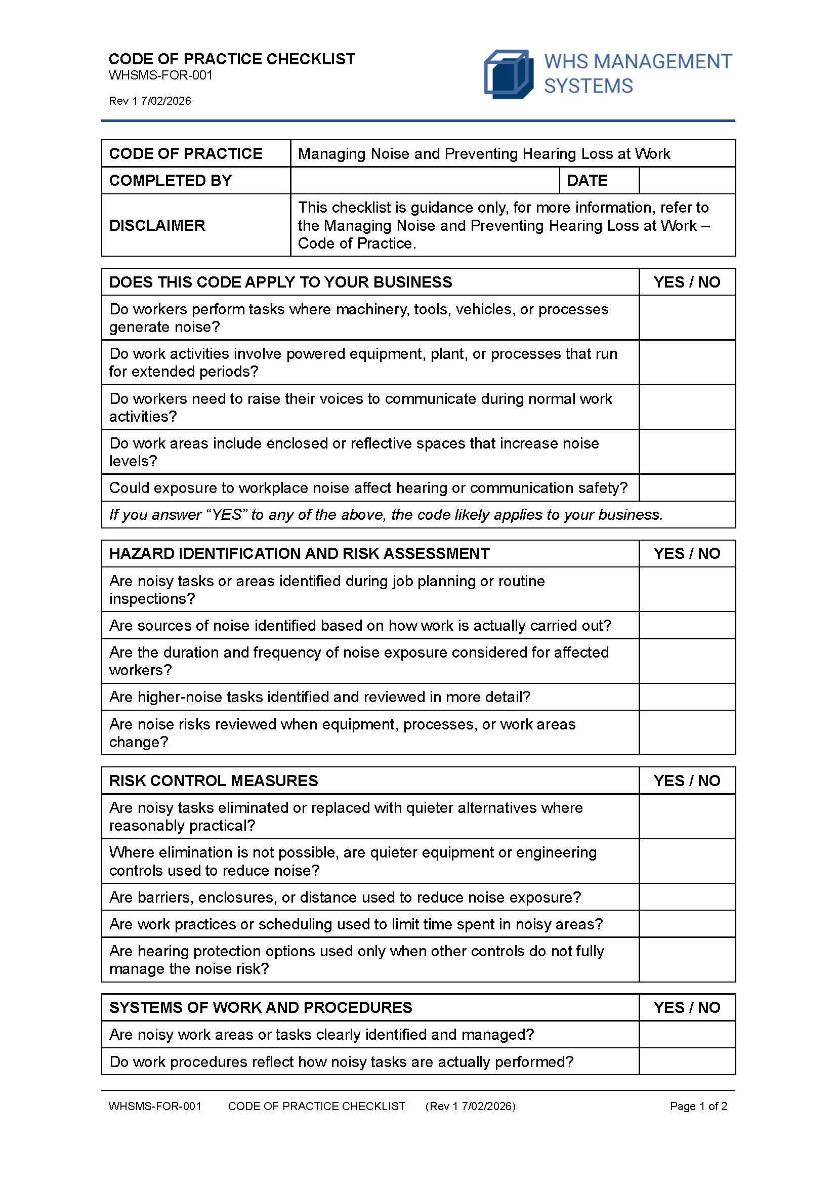 Managing Noise and Preventing Hearing Loss at Work – Code of Practice Checklist