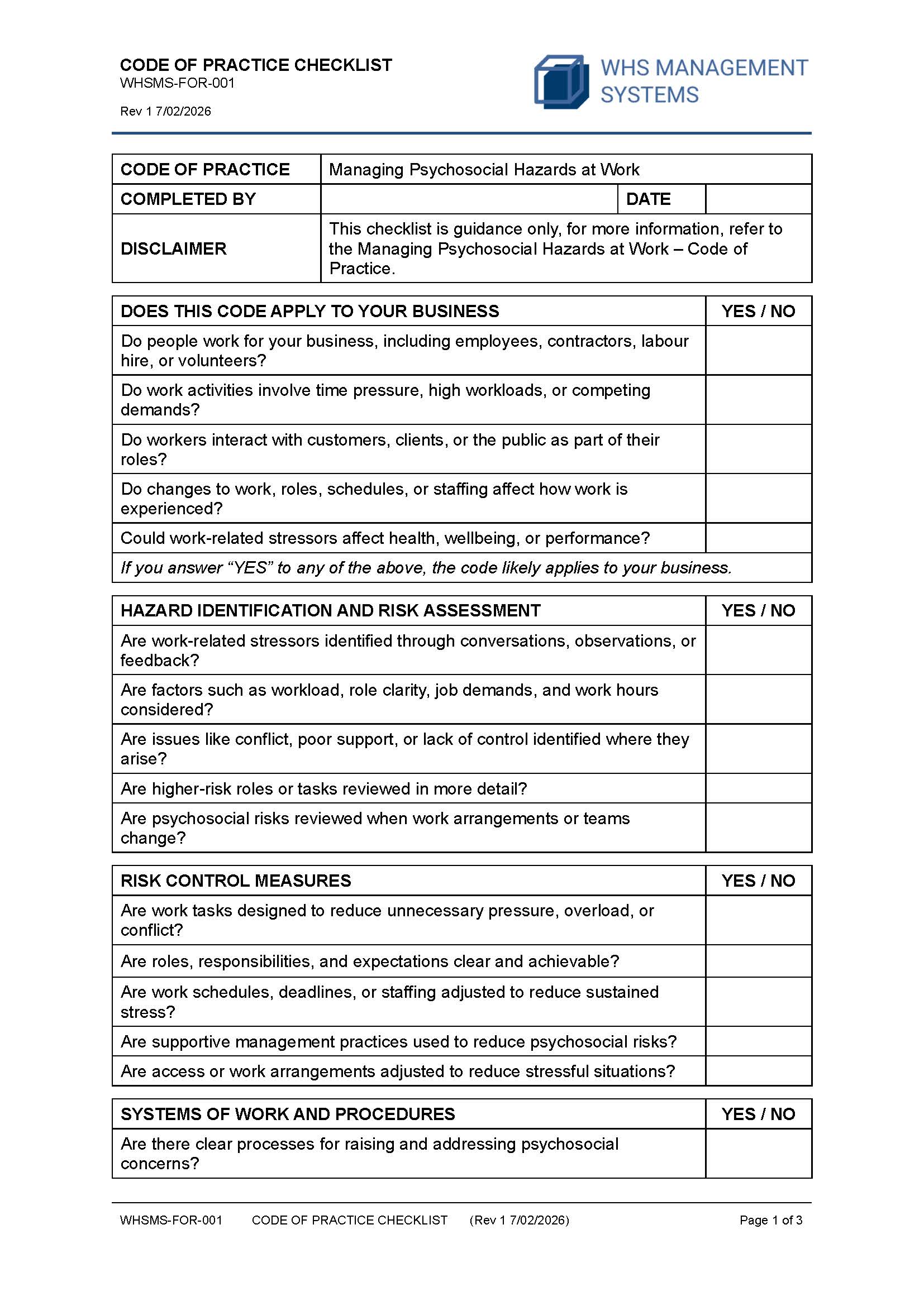 Managing Psychosocial Hazards at Work – Code of Practice Checklist