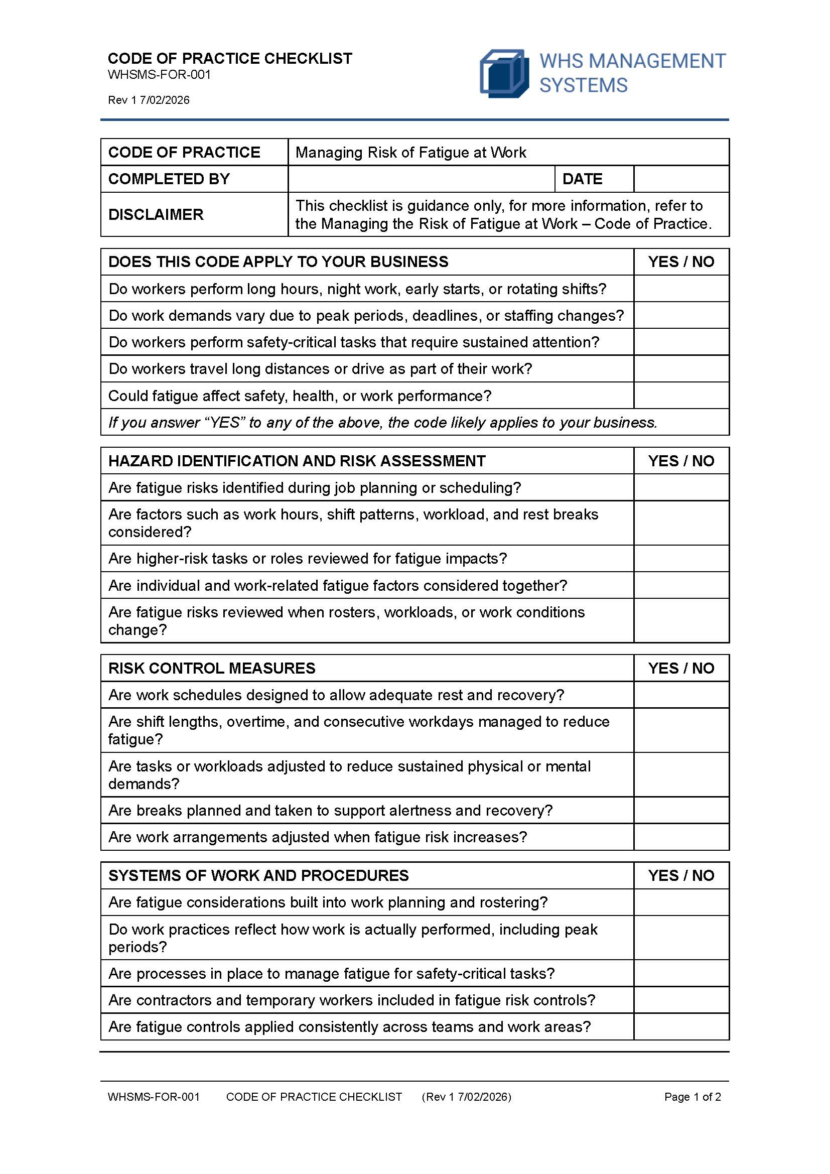 Managing Risk of Fatigue at Work – Code of Practice Checklist