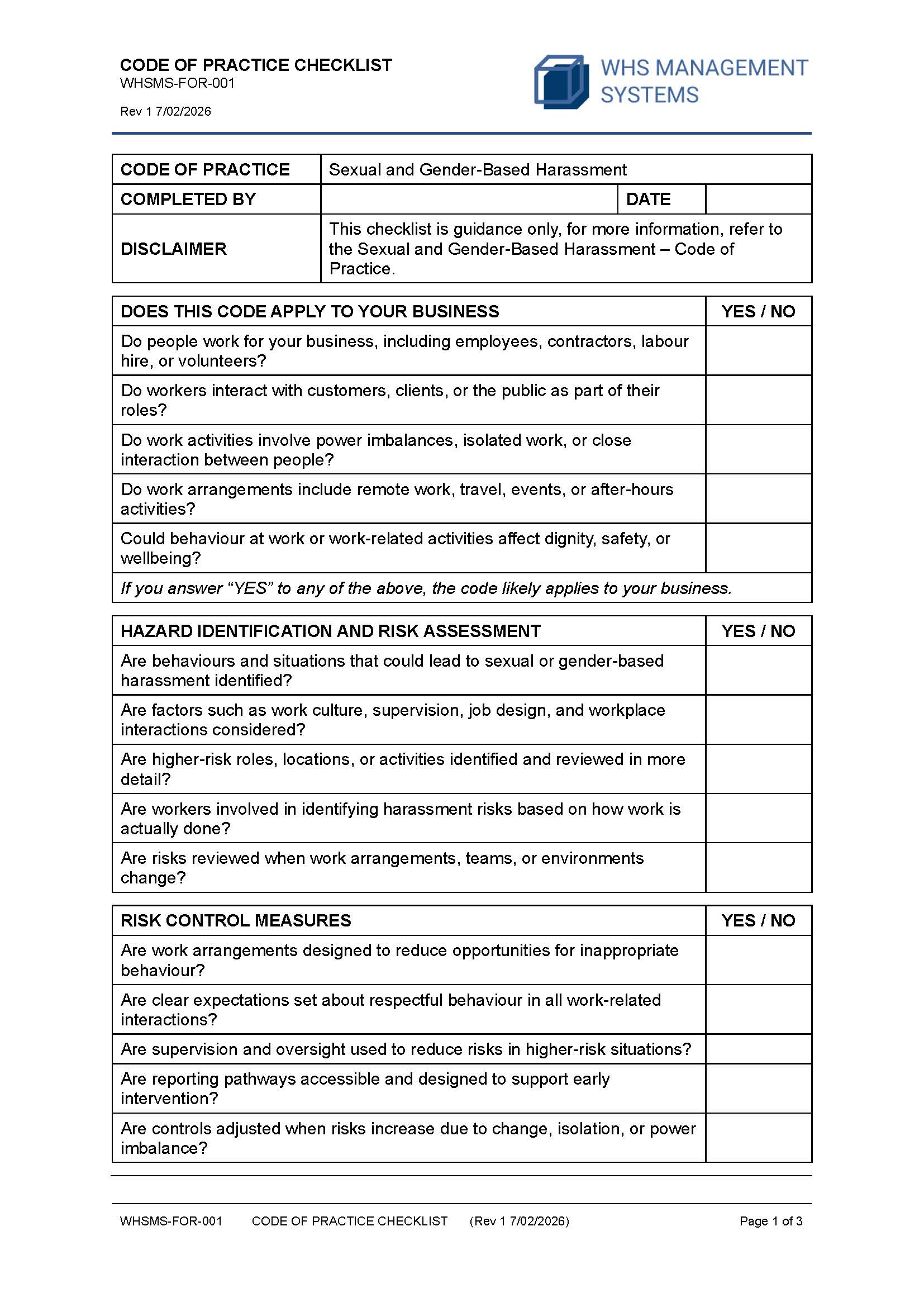 Sexual and Gender-Based Harassment – Code of Practice Checklist