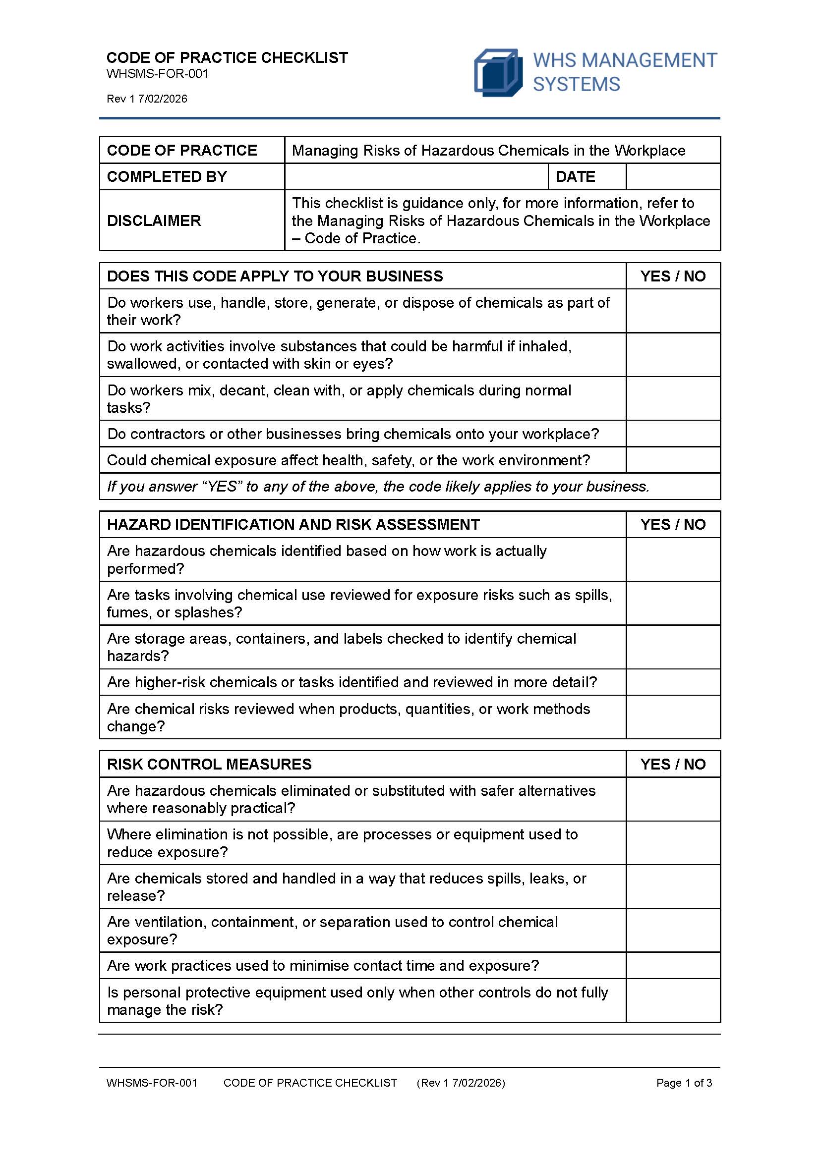 Managing Risks of Hazardous Chemicals in Workplace – Code of Practice Checklist