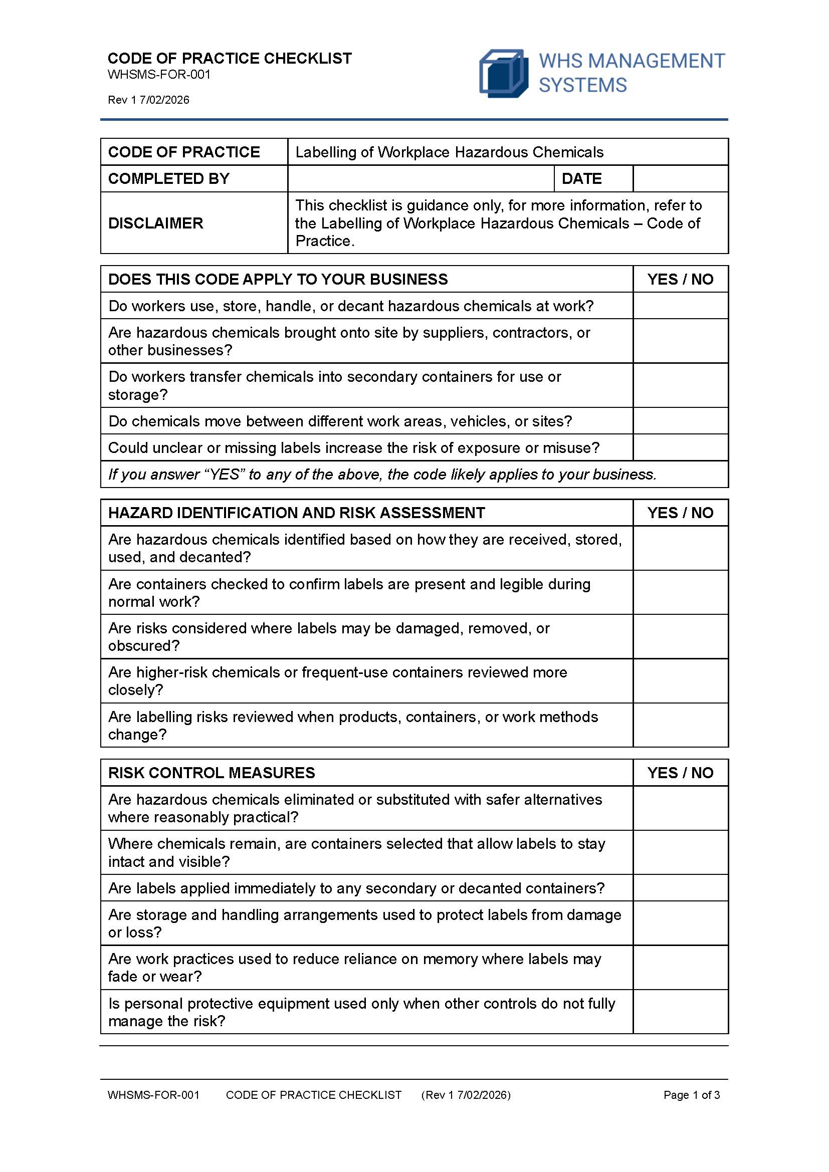 Labelling of Workplace Hazardous Chemicals – Code of Practice Checklist