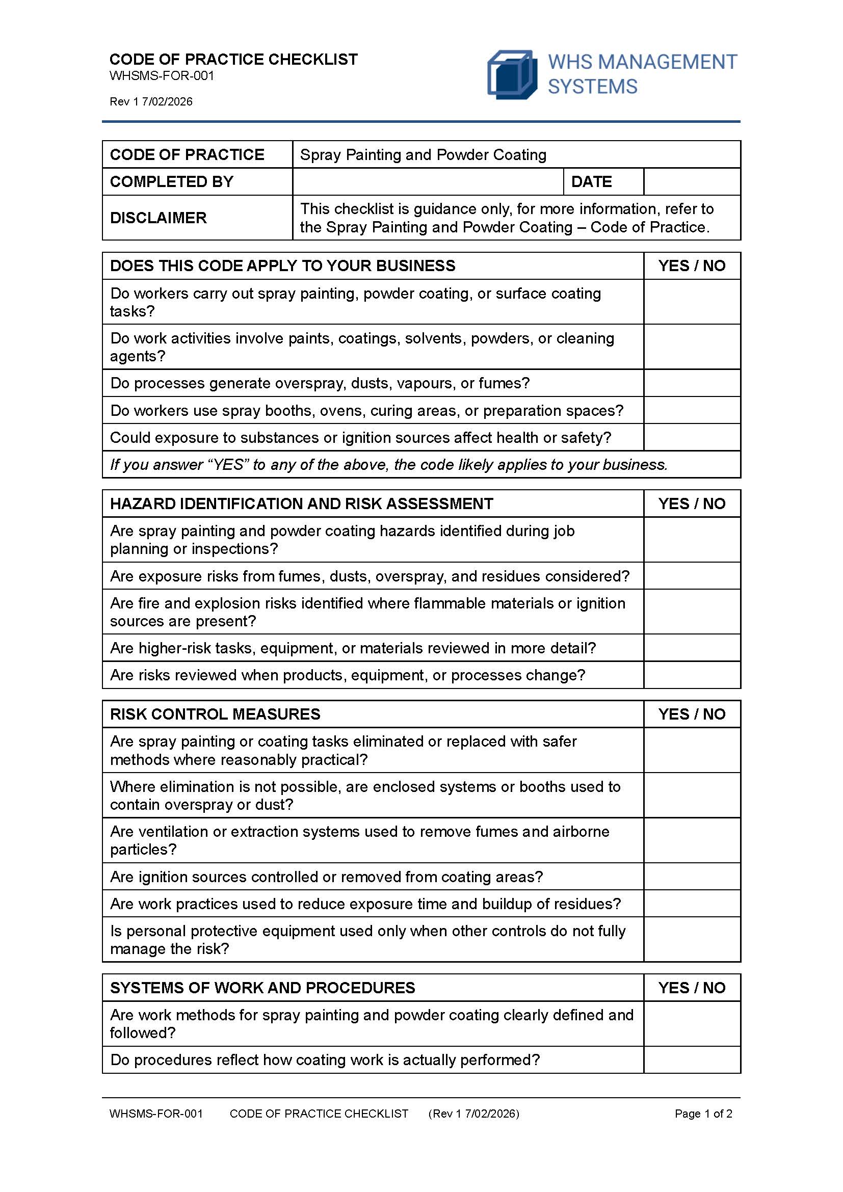 Spray Painting and Powder Coating – Code of Practice Checklist