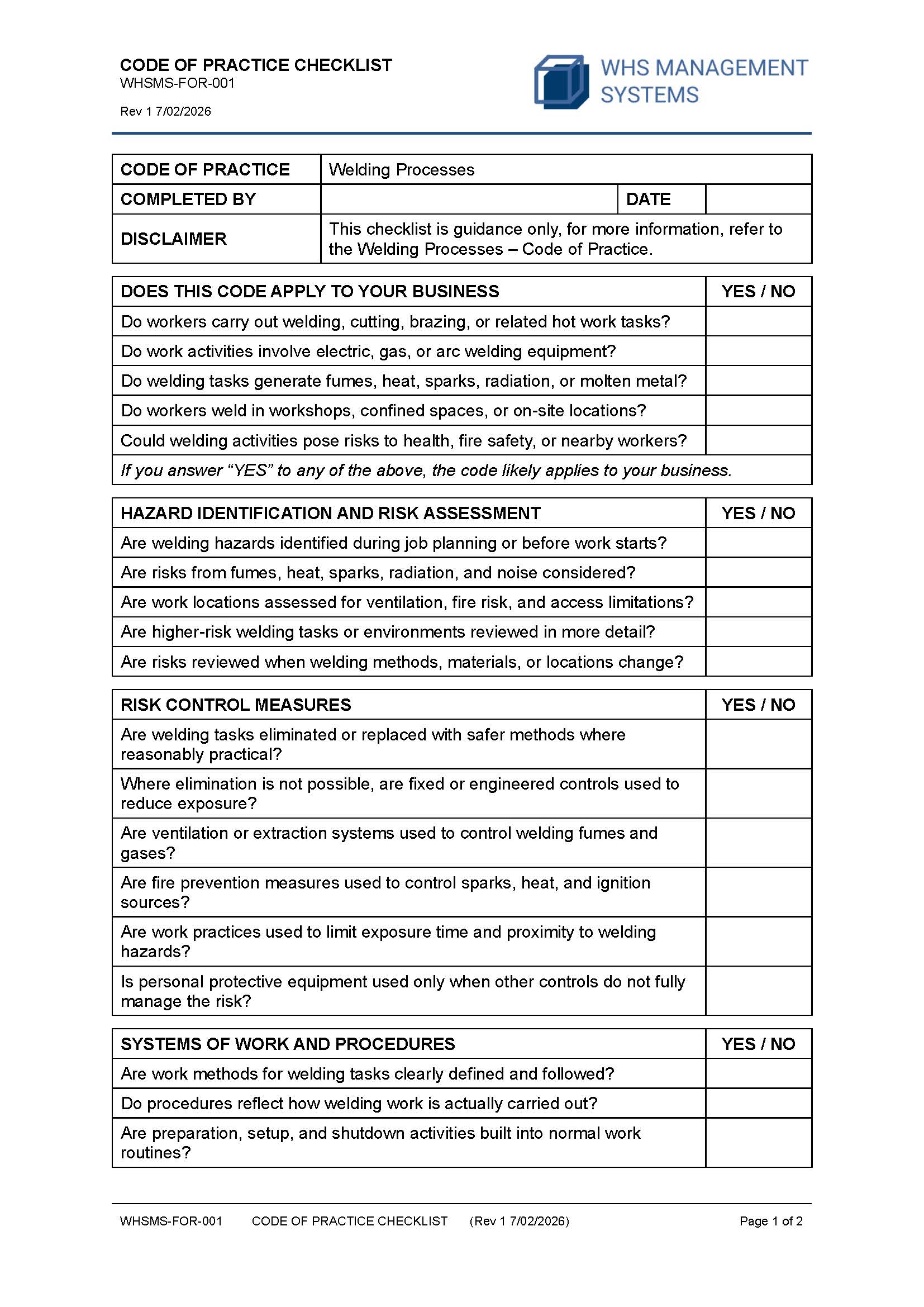 Welding Processes – Code of Practice Checklist