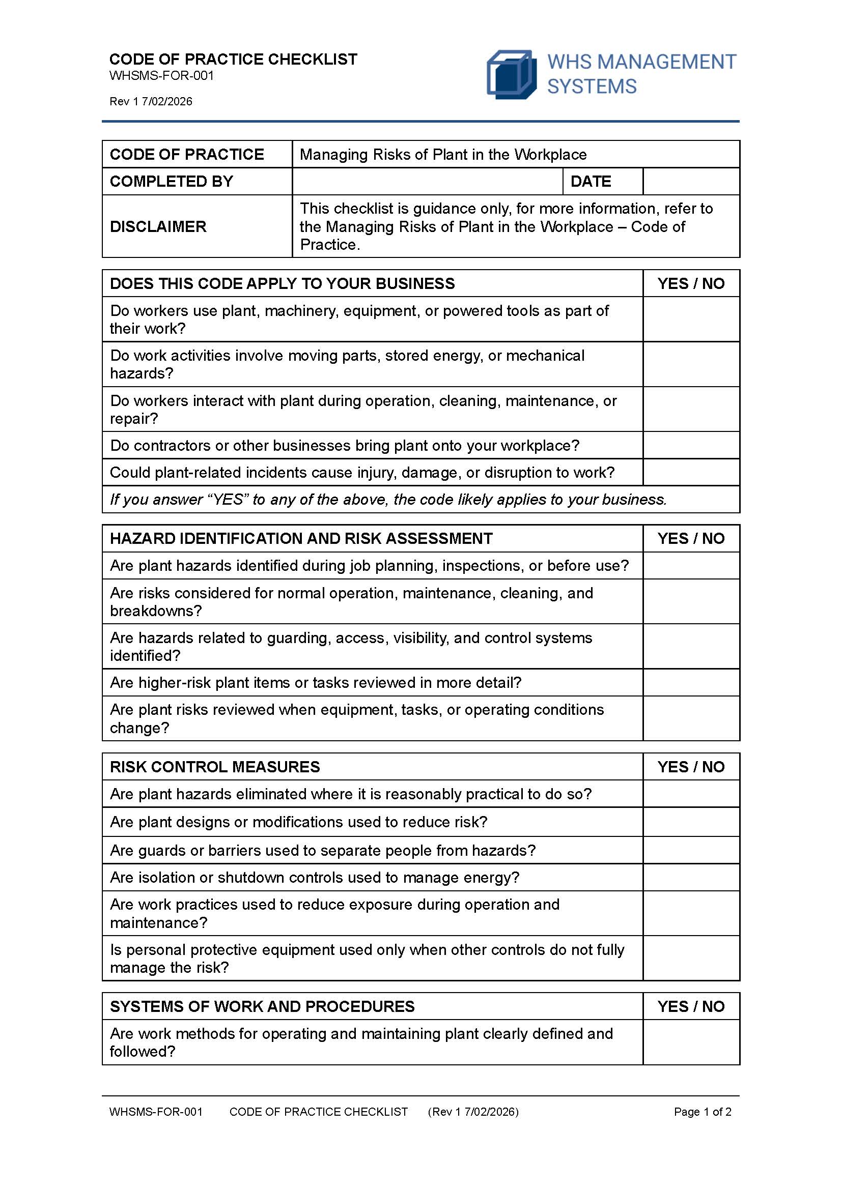 Managing Risks of Plant in Workplace – Code of Practice Checklist