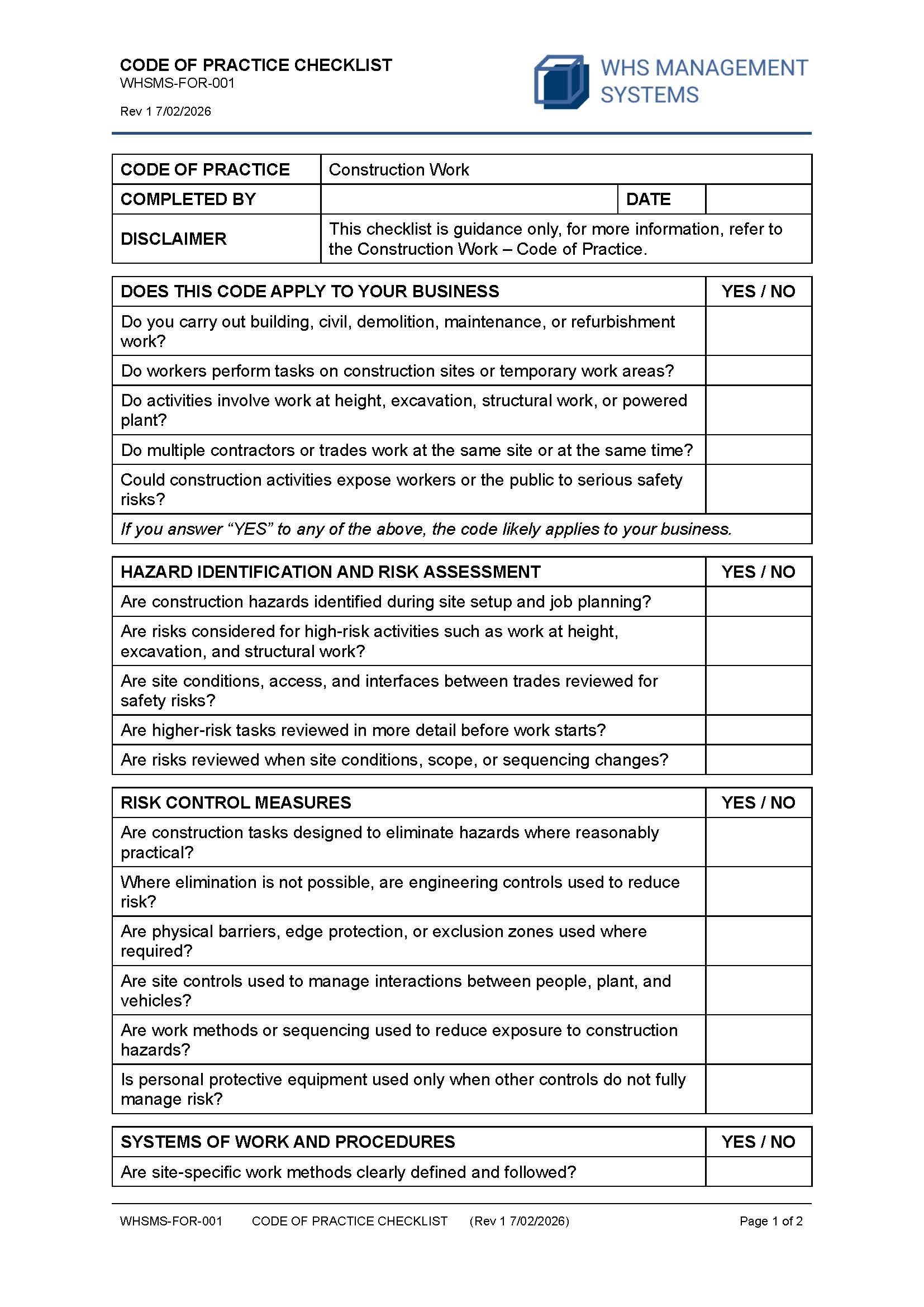 Construction Work – Code of Practice Checklist