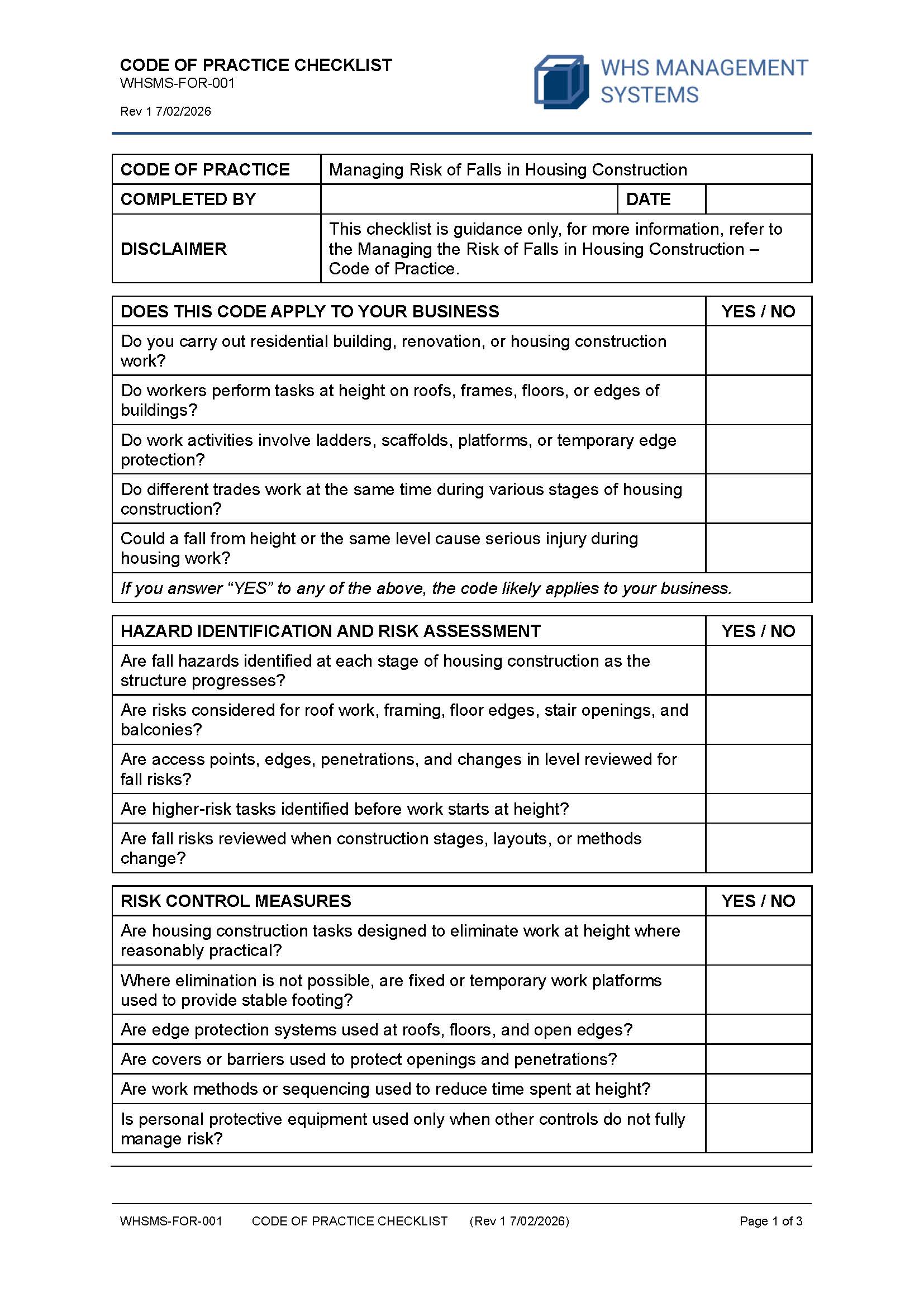 Managing Risk of Falls in Housing Construction – Code of Practice Checklist