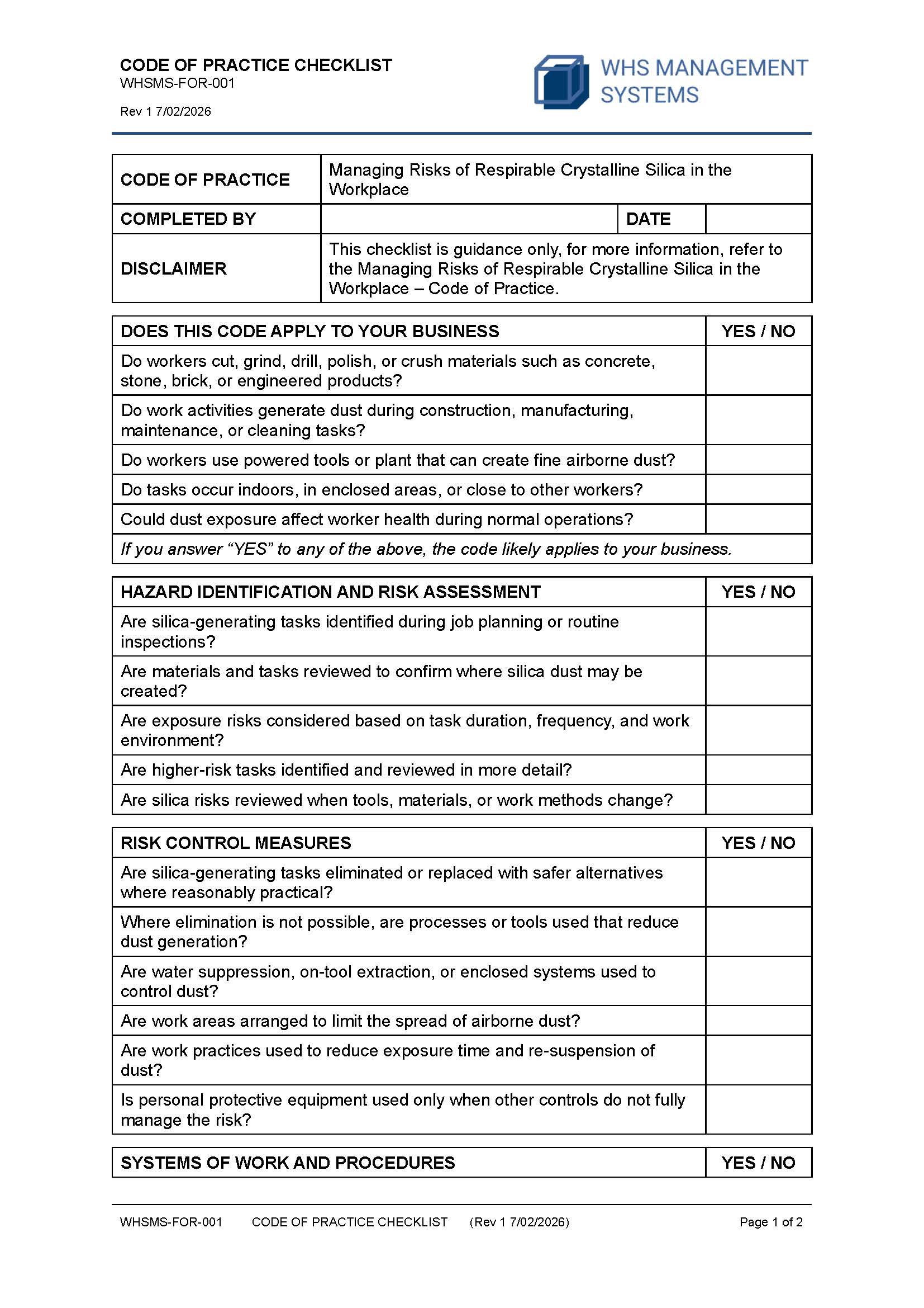Managing Risks of Respirable Crystalline Silica in Workplace – Code of Practice Checklist
