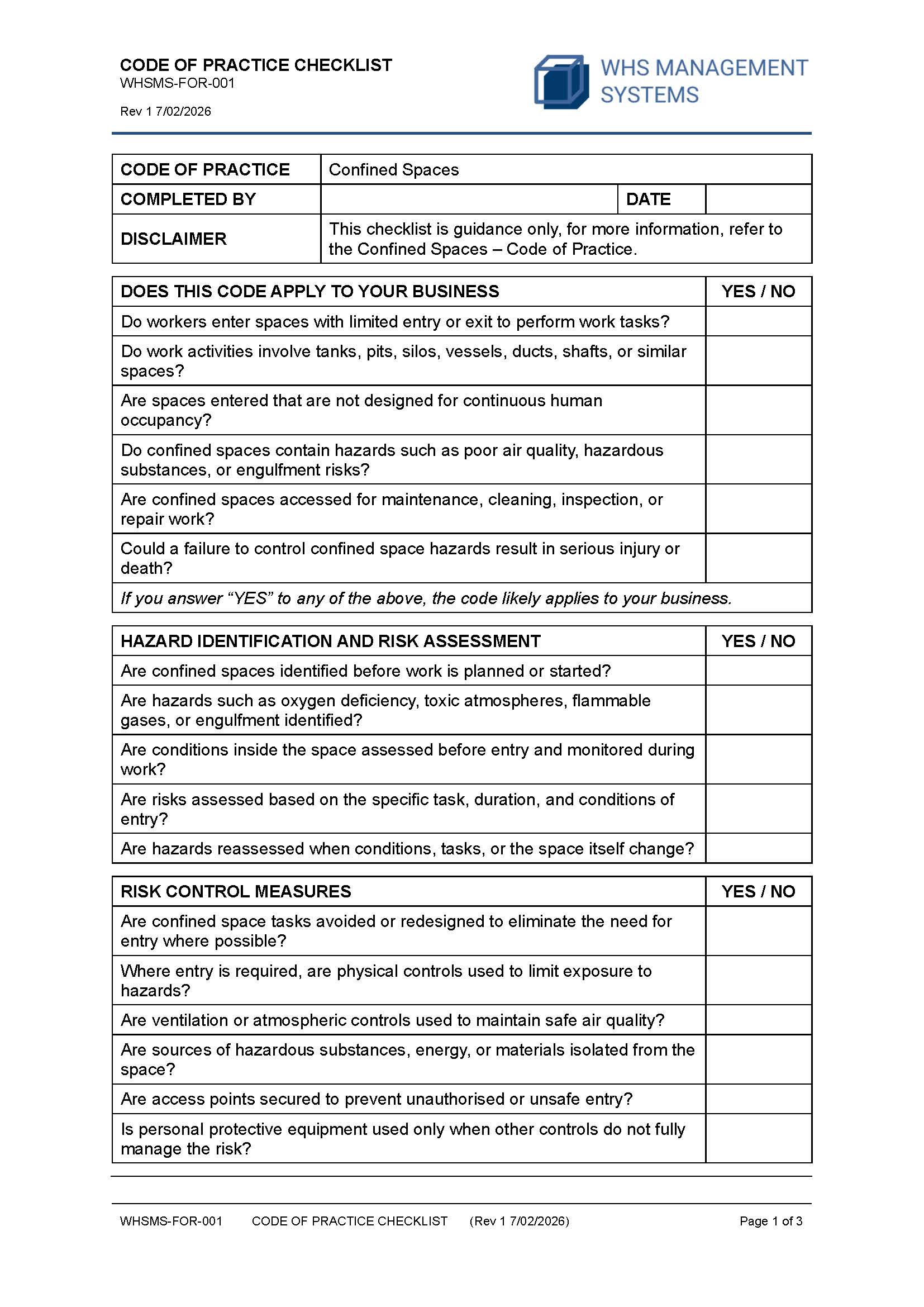 Confined Spaces – Code of Practice Checklist