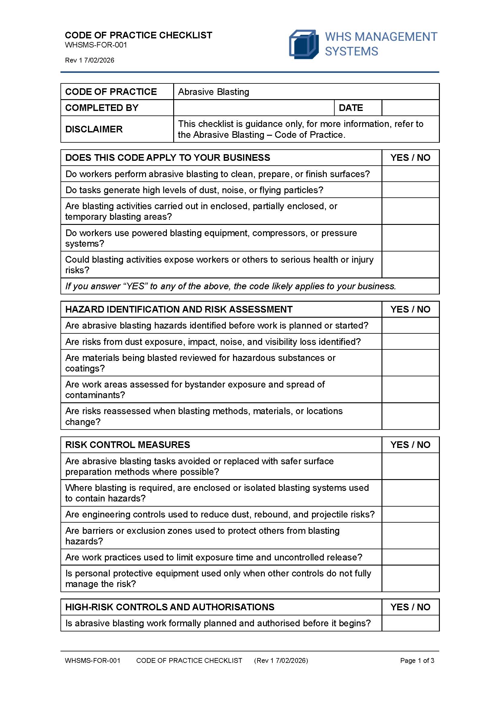 Abrasive Blasting – Code of Practice Checklist