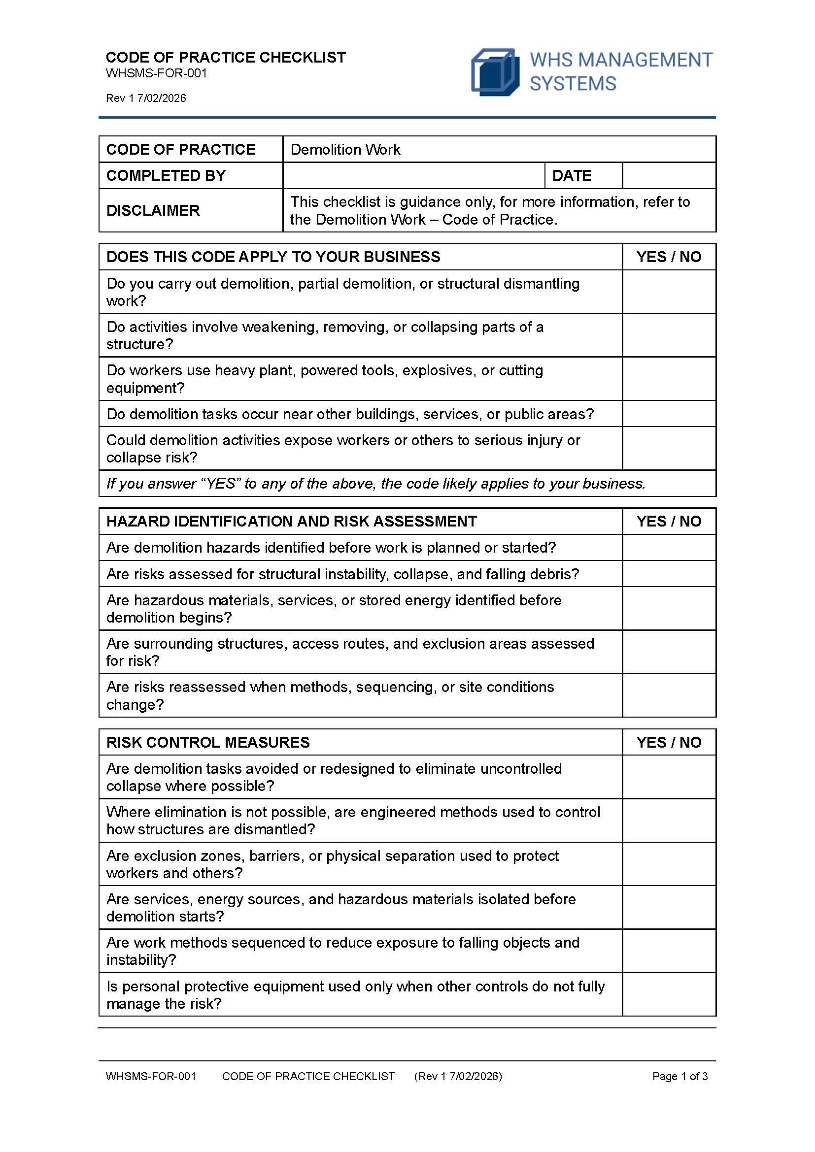 Demolition Work – Code of Practice Checklist