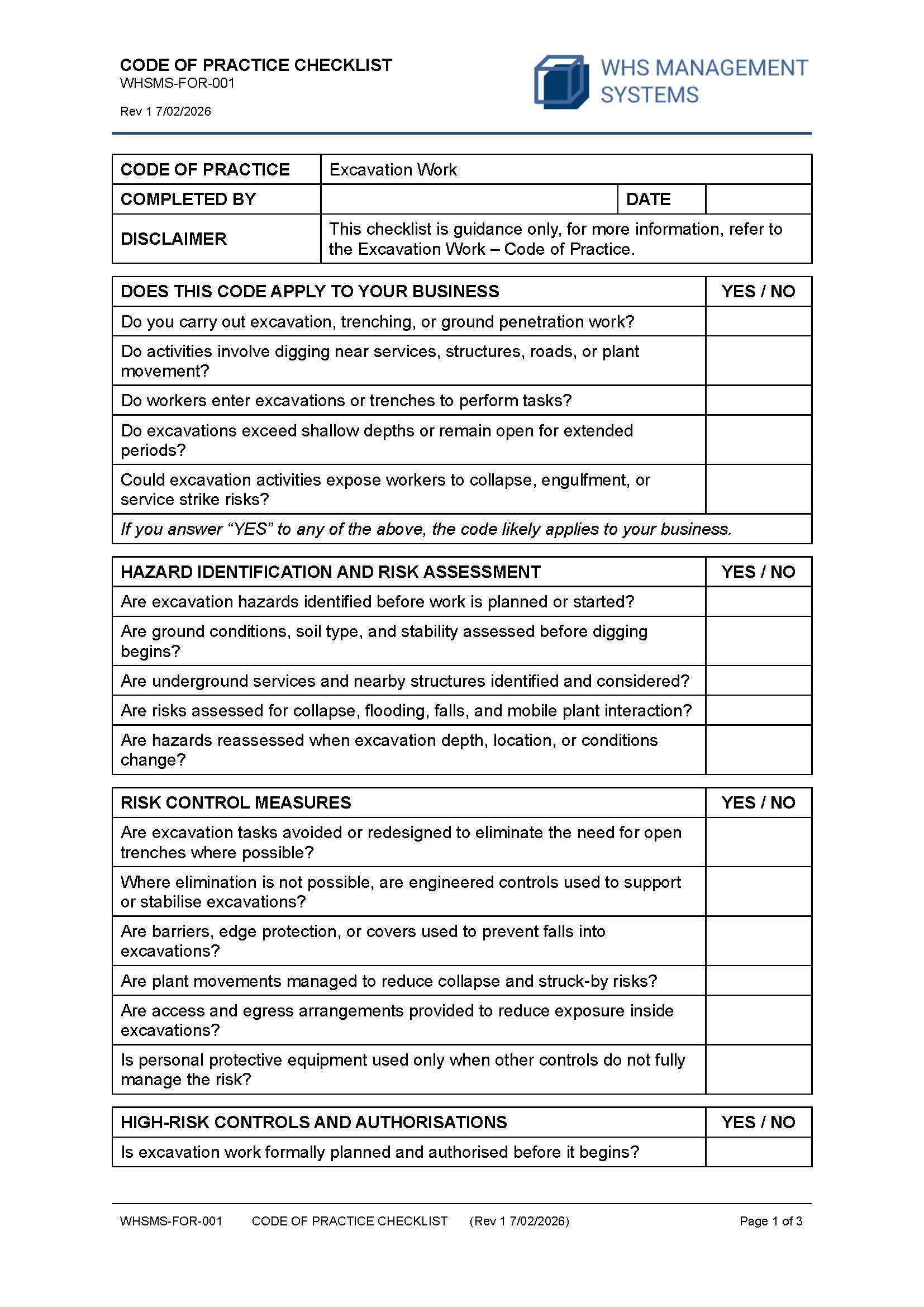 Excavation Work – Code of Practice Checklist