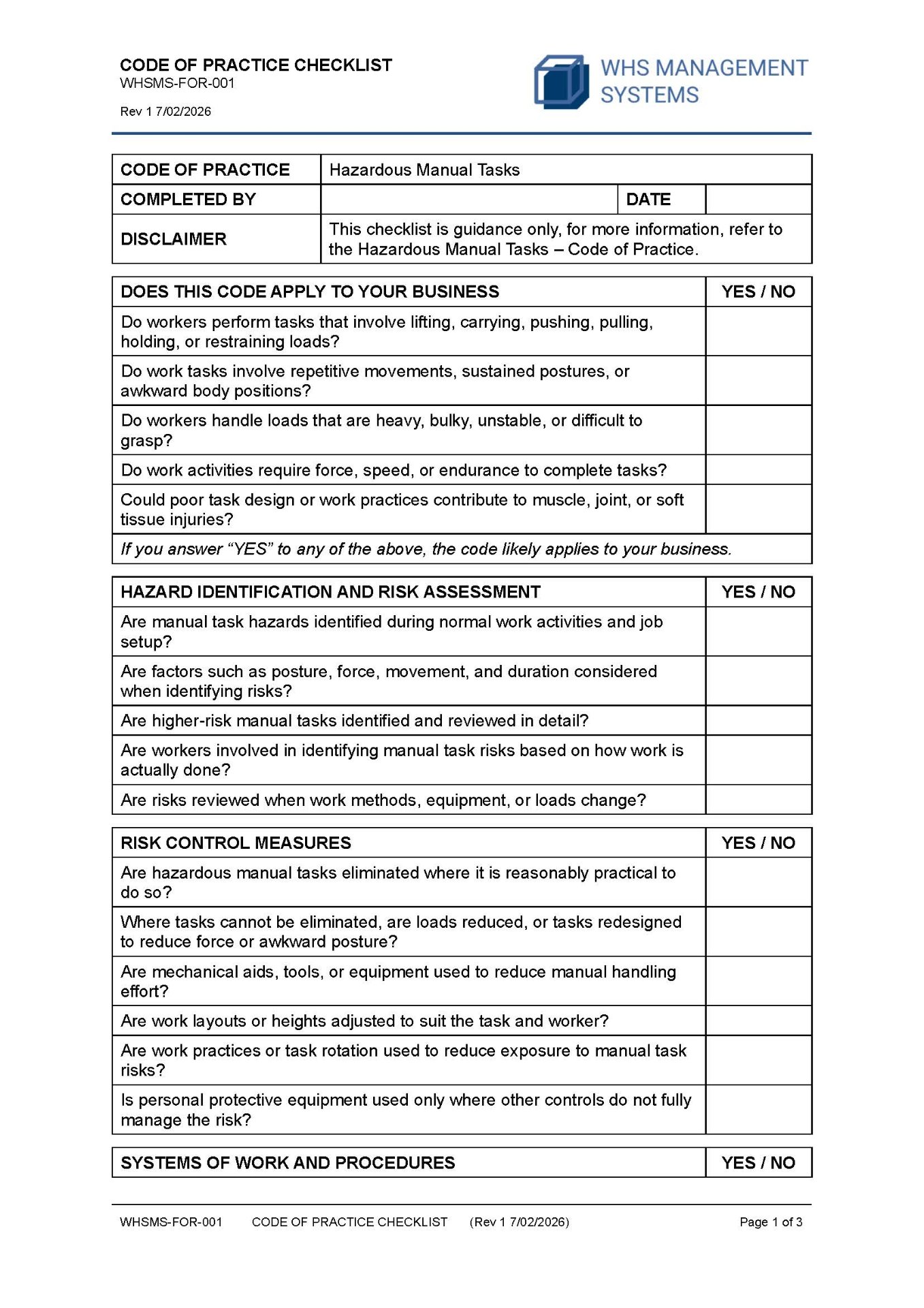 Hazardous Manual Tasks – Code of Practice Checklist