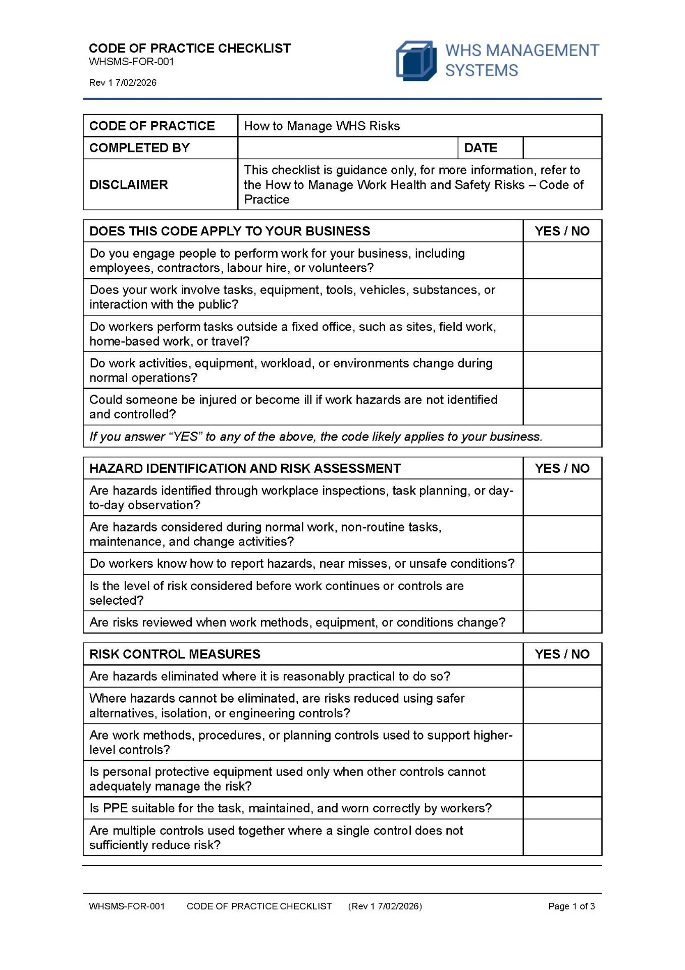 How to Manage WHS Risks – Code of Practice Checklist