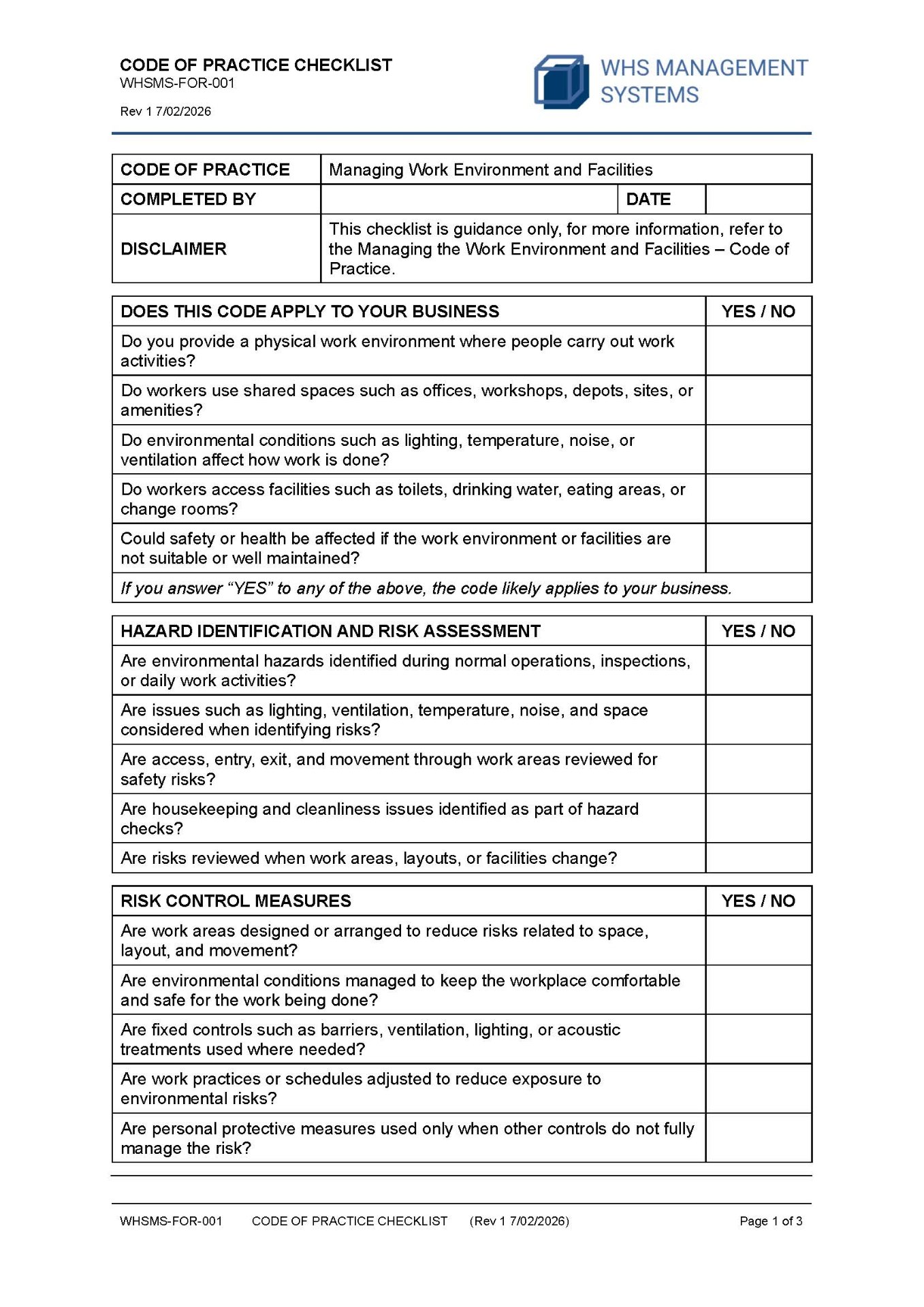 Managing Work Environment and Facilities – Code of Practice Checklist