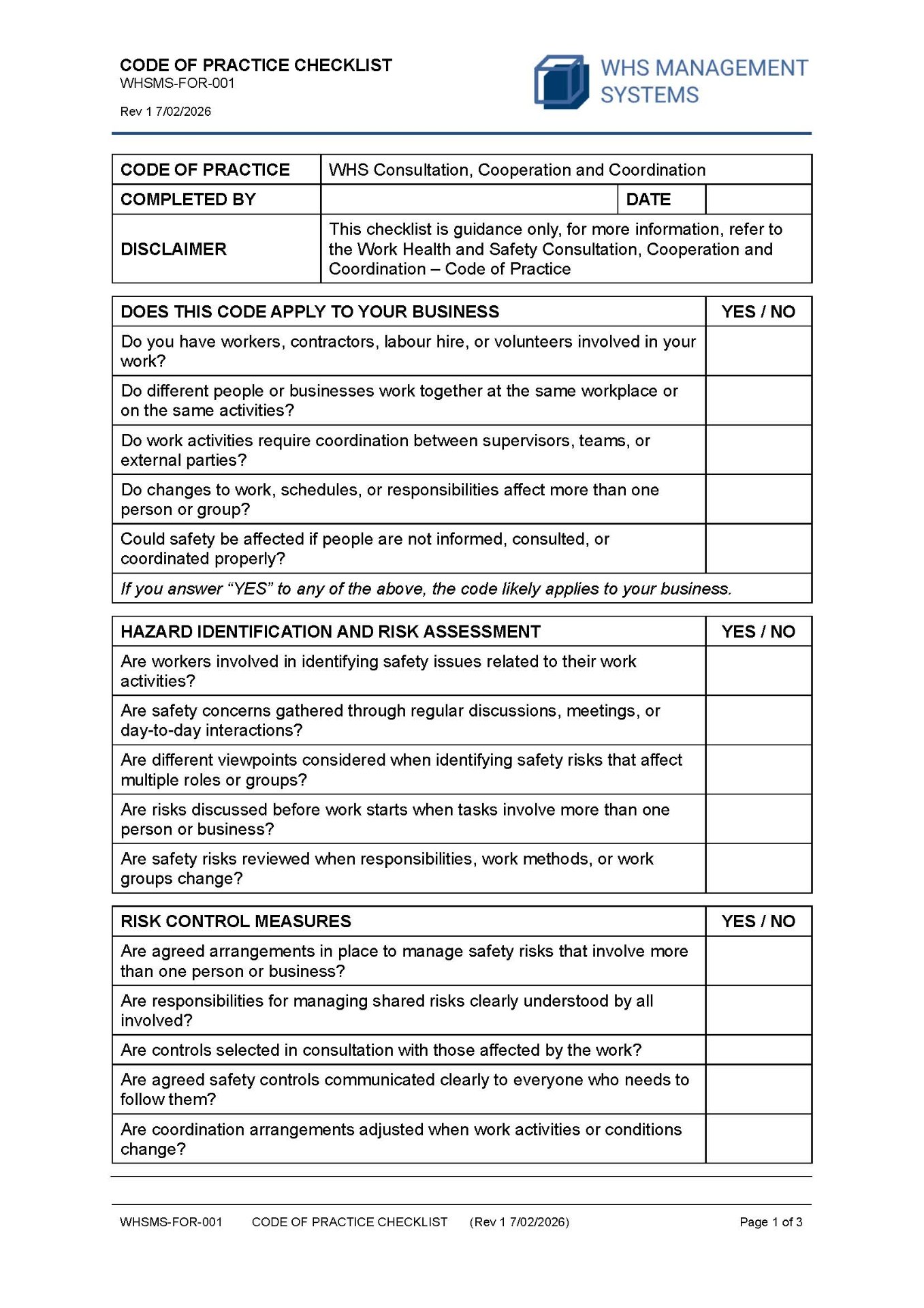 WHS Consultation, Cooperation and Coordination – Code of Practice Checklist