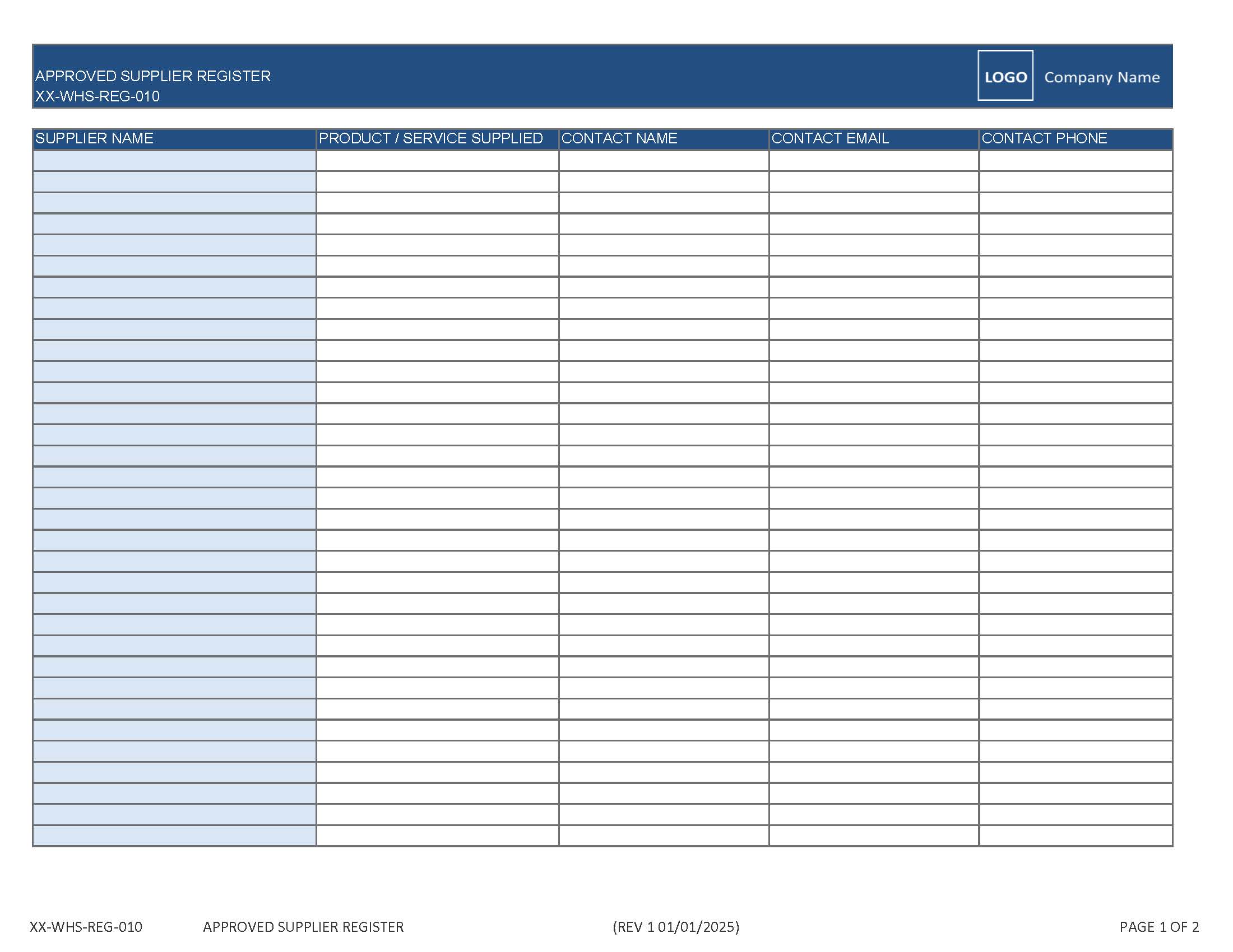 Approved Supplier Register document preview
